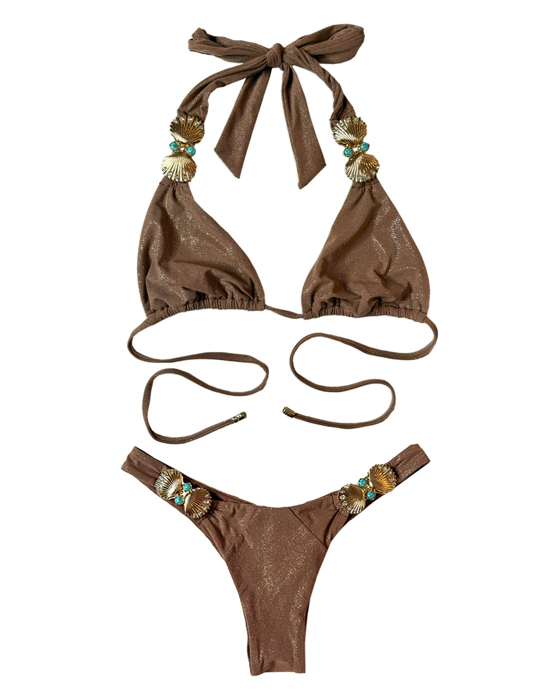 Lara Tango Bottom Mocha Shimmery Fabric With Turquoise Stone Shell Hardware For Coastal Charm Beach Bunny Swimwear